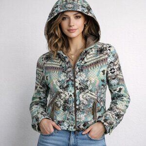 Custo Barcelona Hooded Jacket Sz 36 S Abstract Print Zip Front Y2K Festival